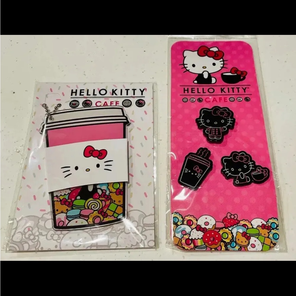 Hello Kitty Cafe Black Enamel Pin Set of 3 and Keychain Coffee Latte Candy